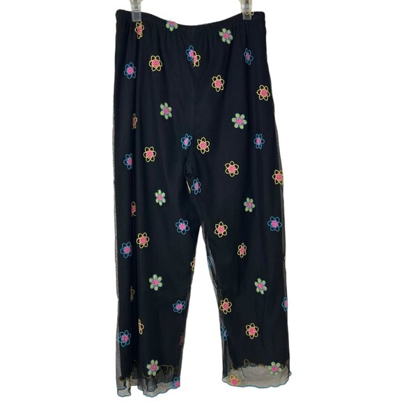 Vintage 90s F.L. Malik Floral Embroidered Mesh Black Pants Women's Size Medium - Picture 1 of 6
